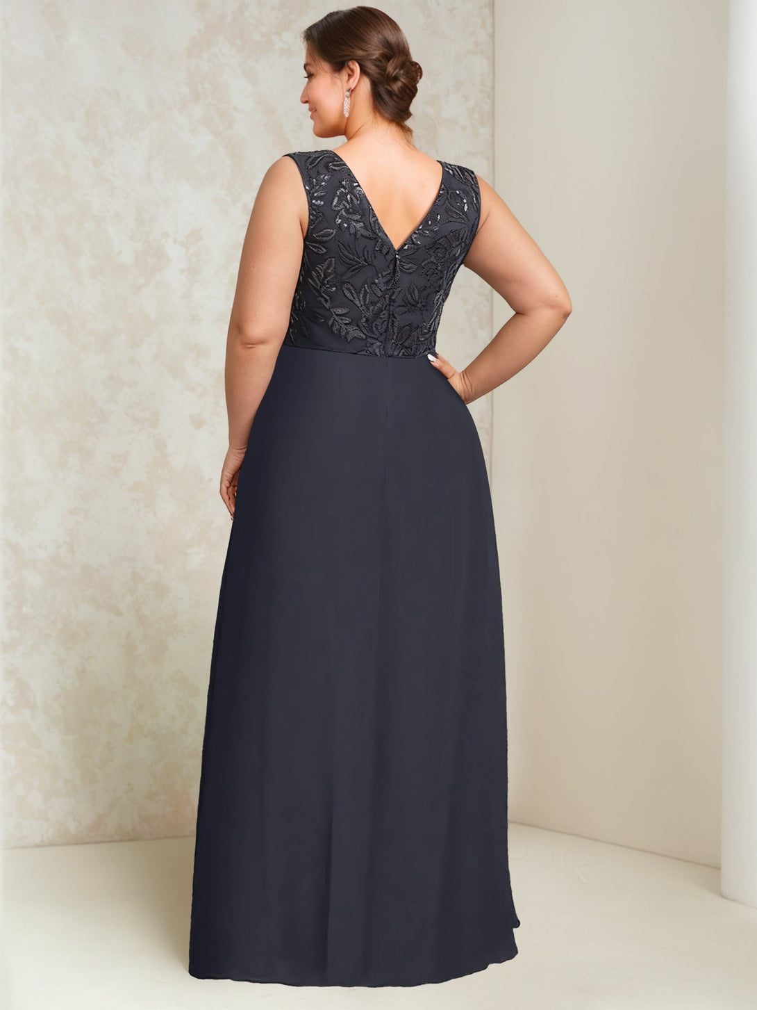 A-Line/Princess Chiffon V-Neck Plus Size Mother Of The Bride Dresses Lace Sequins With Wrap/Jacket BabaMila