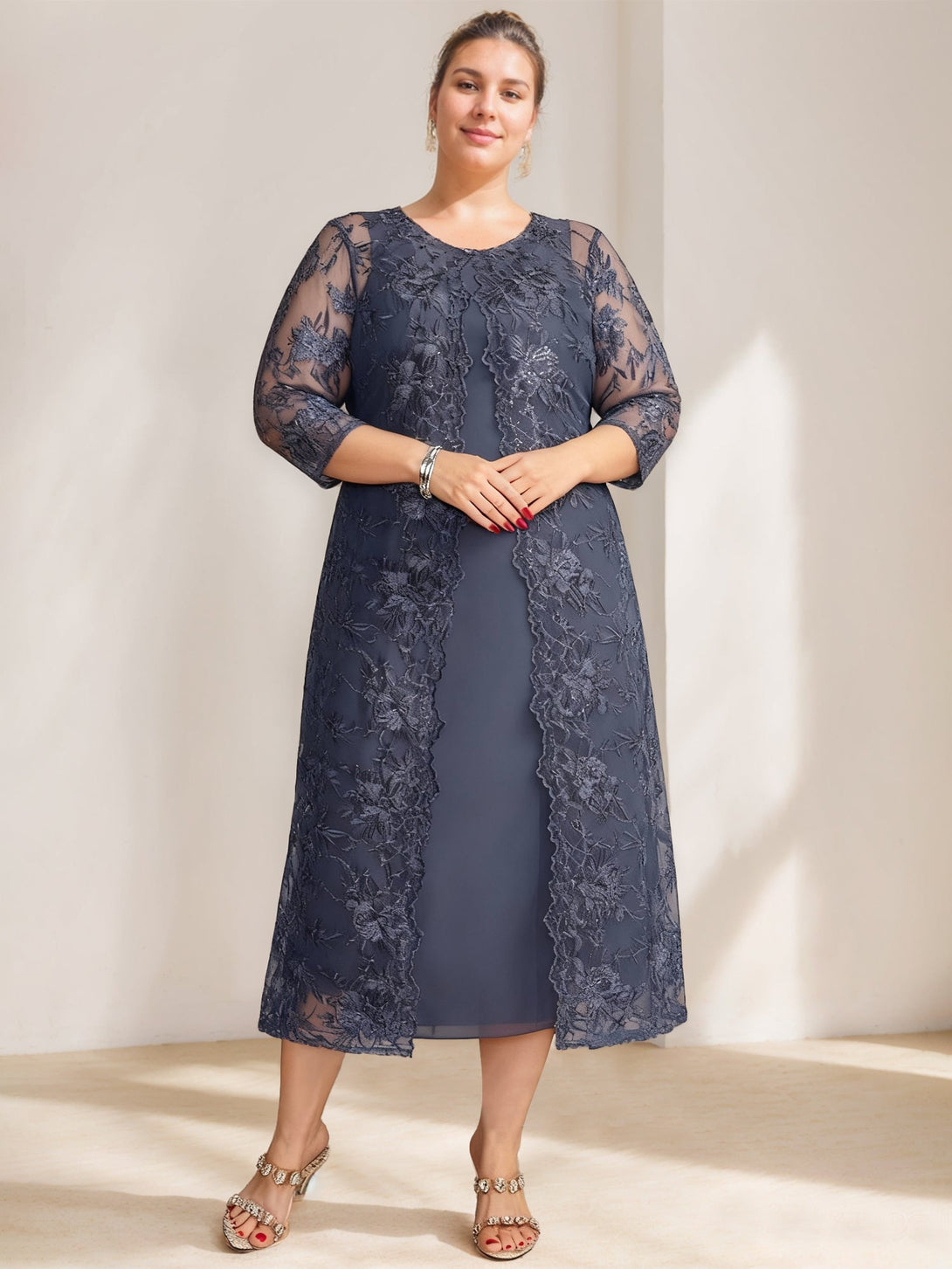 A-Line/Princess Scoop Plus Size Mother Of The Bride Dresses Chiffon With Lace Wrap/Jacket BabaMila