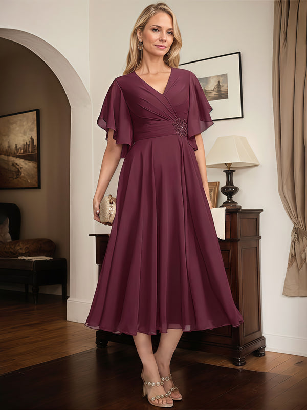 A-Line V-Neck Flutter Straps Tea-Length Chiffon Mother of the Bride Dress With Beads/Belt/Pleated BabaMila