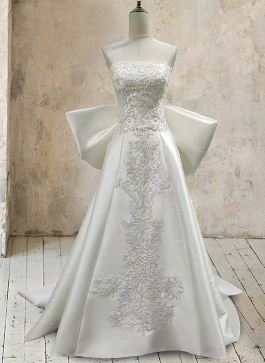 Trumpet/Mermaid White Satin Strapless Sleeveless Wedding Dresses with Lace Appliques & Bow BabaMila