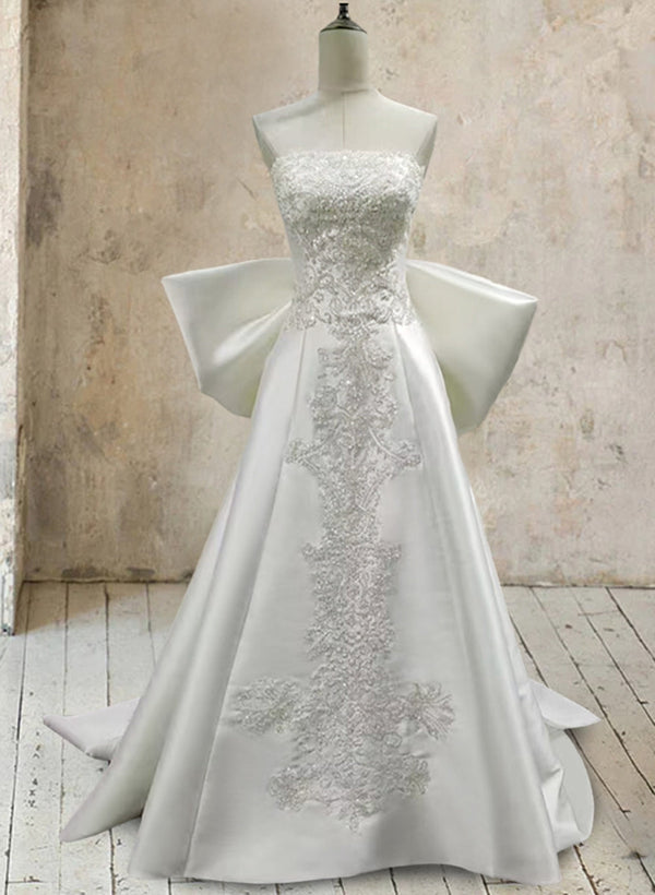 Trumpet/Mermaid White Satin Strapless Sleeveless Wedding Dresses with Lace Appliques & Bow BabaMila