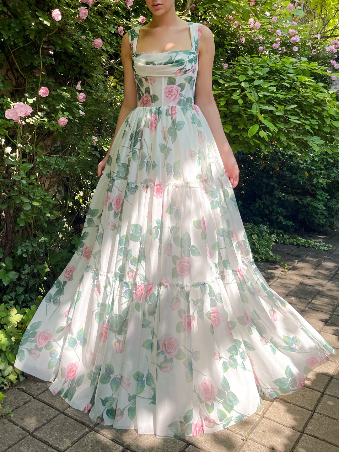 A-Line/Princess Sleeveless Cowl Neck Printed Chiffon Sleeveless Floor-Length Prom Dress with Pleated/Ruffled Hem BabaMila