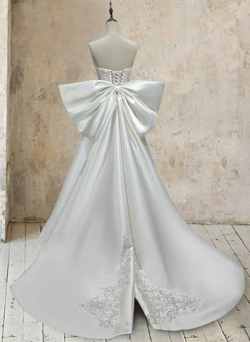 Trumpet/Mermaid White Satin Strapless Sleeveless Wedding Dresses with Lace Appliques & Bow BabaMila