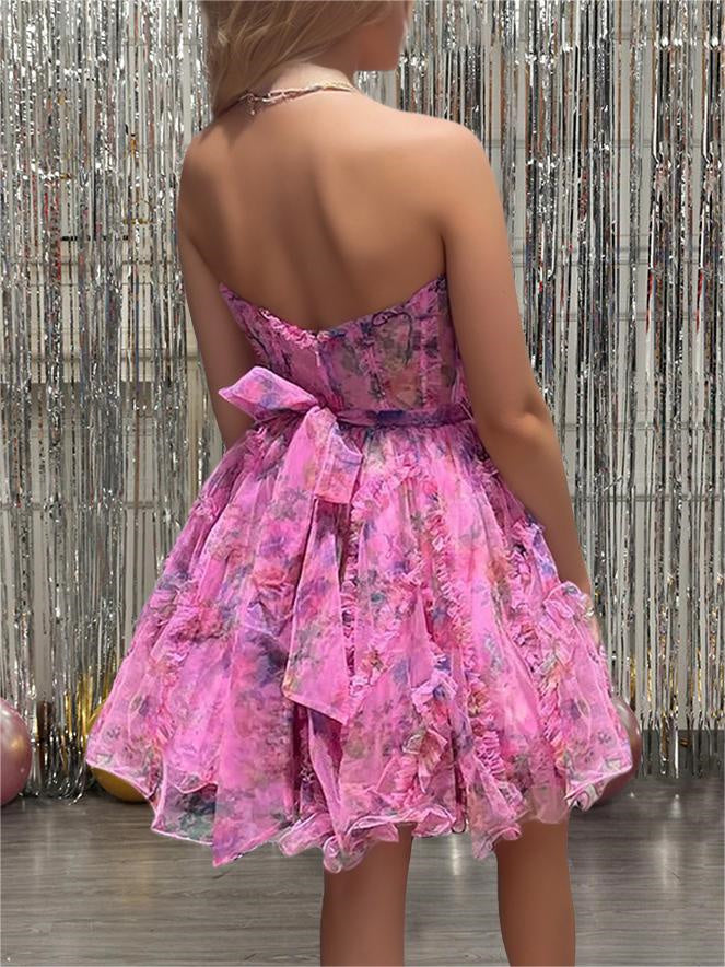 A-Line/Princess Strapless Sleeveless Printed Tulle Short/Mini Party Dance Cocktail Homecoming Dress BabaMila