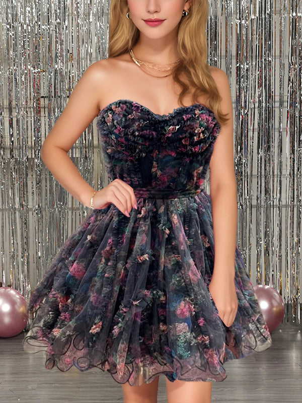 A-Line/Princess Strapless Sleeveless Printed Tulle Short/Mini Party Dance Cocktail Homecoming Dress BabaMila