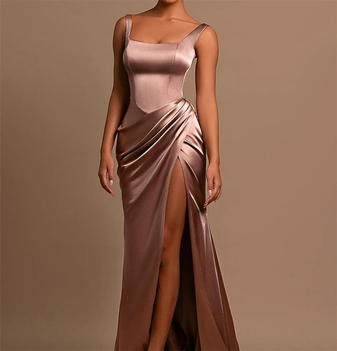 Sheath/Column Wide Shoulder Straps Square Neckline Floor-Length Long Formal Evening Dresses With Split Side BabaMila