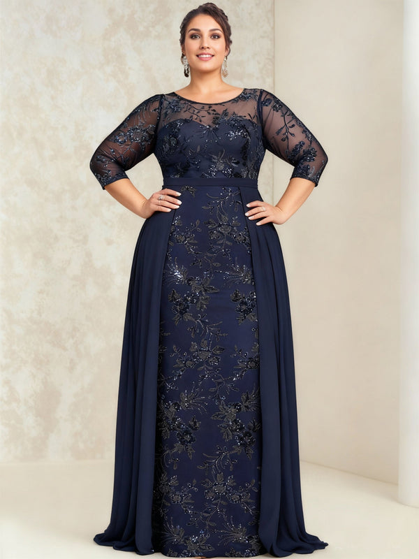 A-Line/Princess Lace Sequins Plus Size Mother Of The Bride Dresses Illusion Floor-Length BabaMila