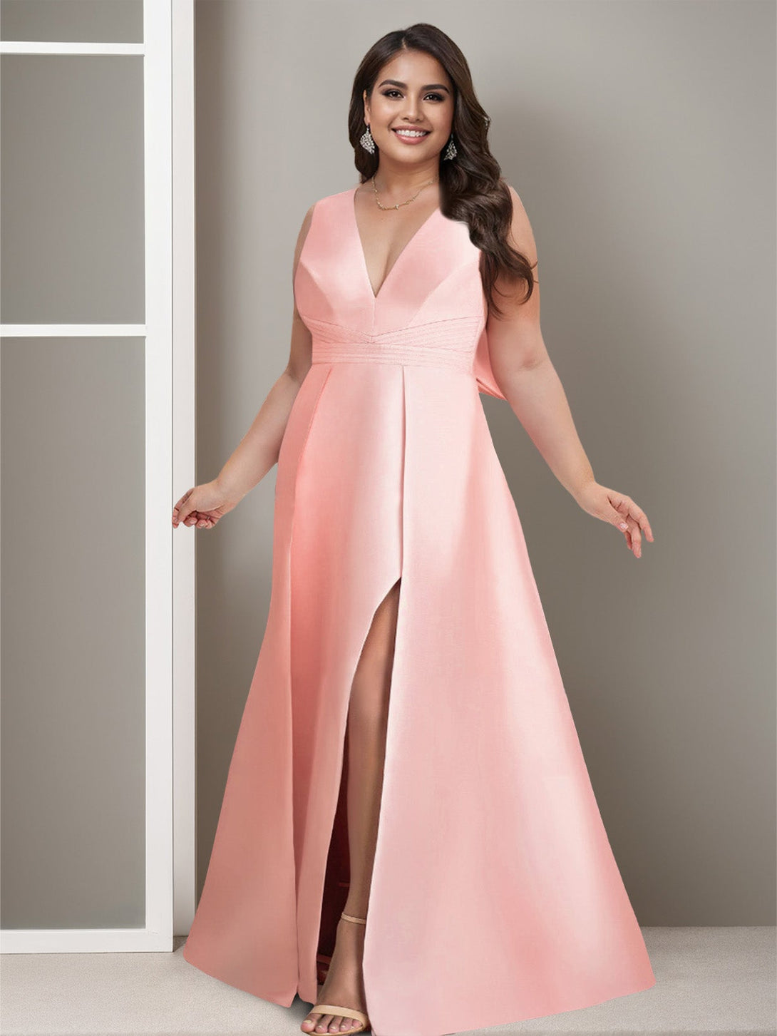 A-Line/Princess V-Neck Satin Plus Size Mother Of The Bride Dresses With Bow BabaMila