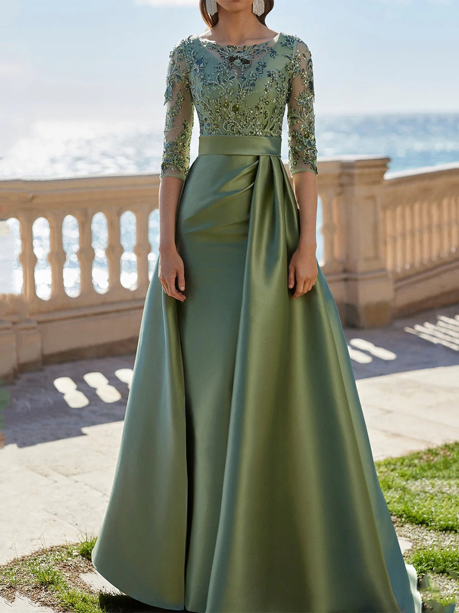 A-Line/Princess Scoop Satin Evening Dresses Half Sleeves Floor-Length Lace Party Dresses BabaMila