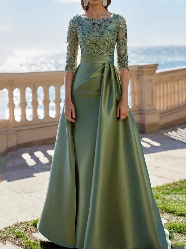 A-Line/Princess Scoop Satin Evening Dresses Half Sleeves Floor-Length Lace Party Dresses BabaMila