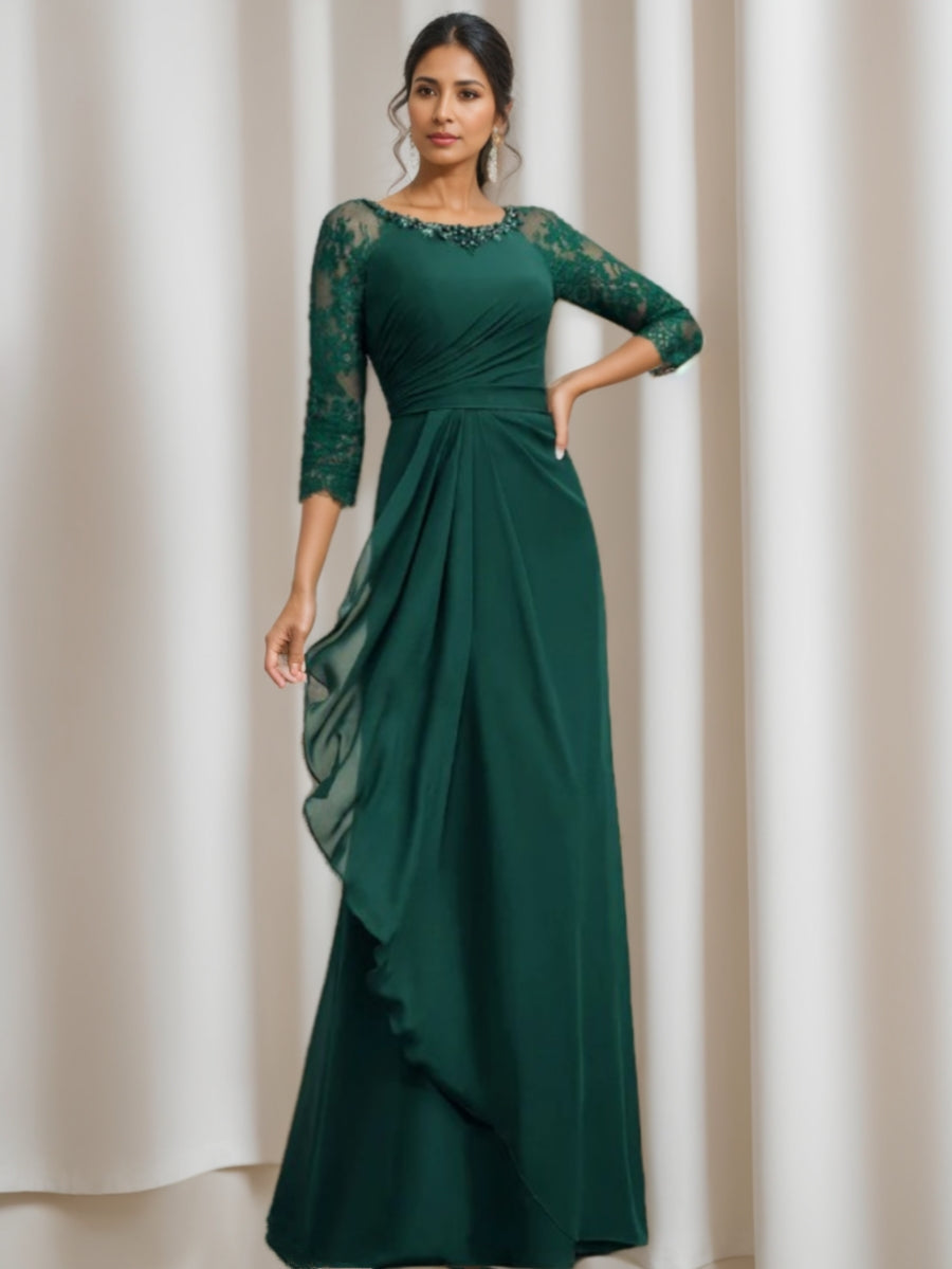 A-Line/Princess Scoop Floor-Length Mother Of The Bride Dresses With Ruffles Lace 3/4 Sleeves BabaMila