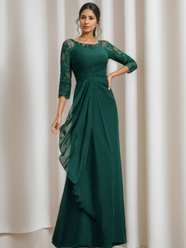 A-Line/Princess Scoop Floor-Length Mother Of The Bride Dresses With Ruffles Lace 3/4 Sleeves BabaMila