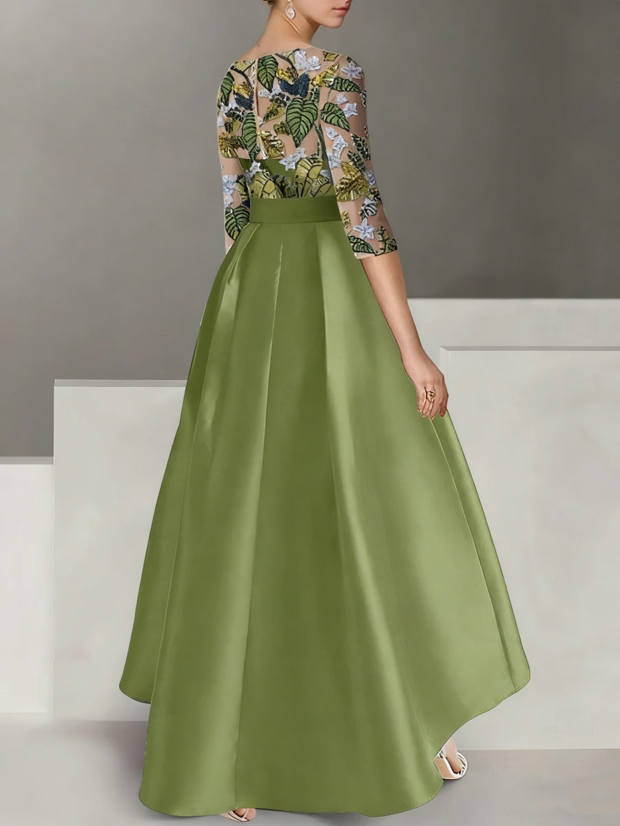 A-Line/Princess Satin Scoop Mother Of The Bride Dresses 3/4 Sleeves Ankle-Length Floral Sequins BabaMila