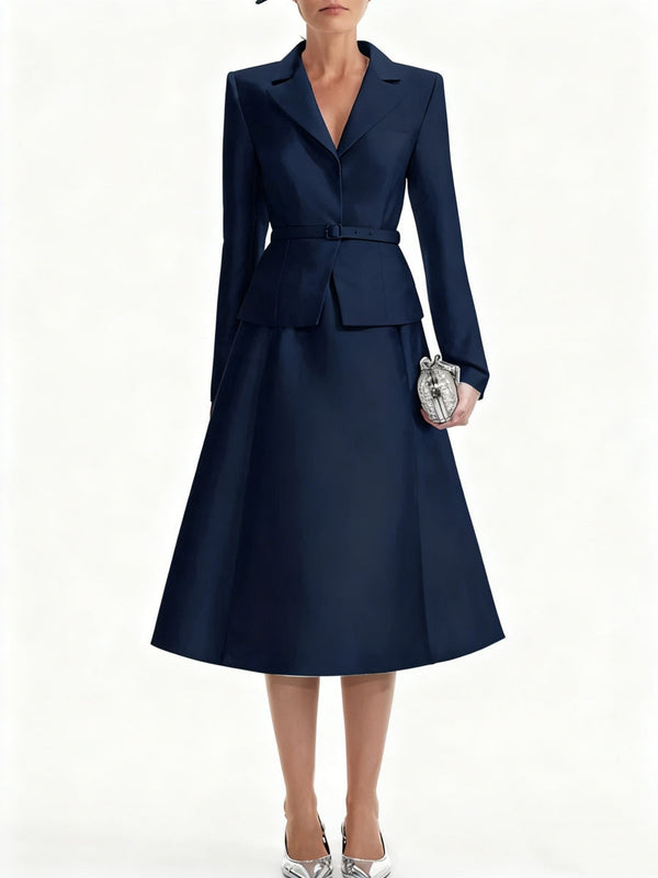 A-Line/Princess V-Neck Mother Of Bride Dresss Blazer Long Sleeves Tea-Length Belt Satin BabaMila