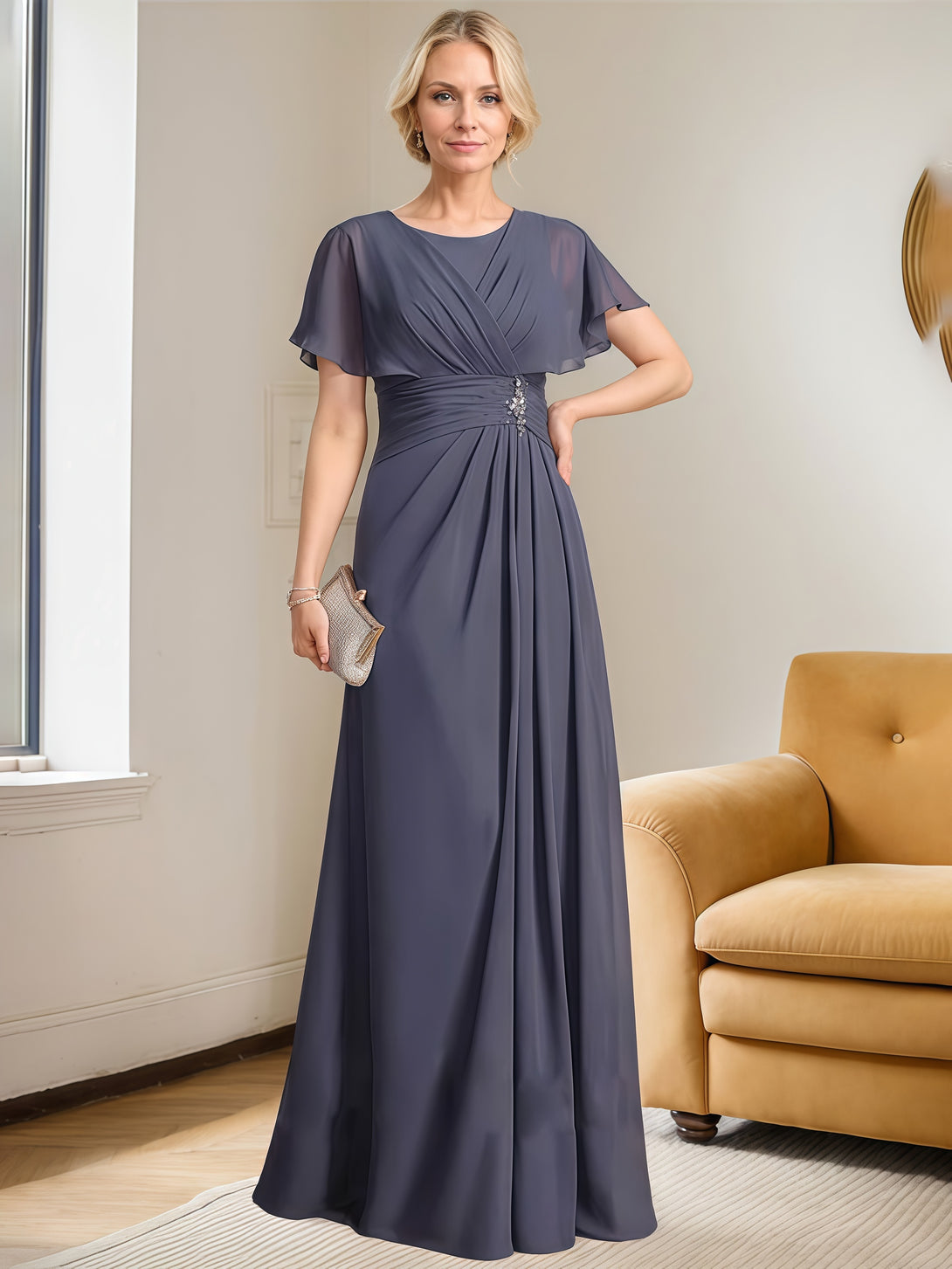 A-Line Round Neck Cape Floor-Length Chiffon Mother of the Bride Dress With Beads/Belt/Pleated BabaMila