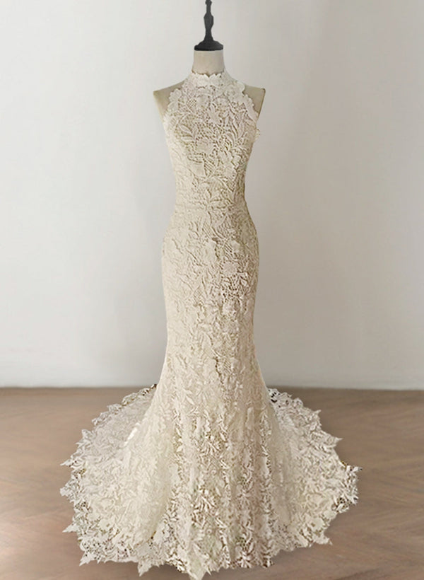 Delicated Trumpet/Mermaid Halter Sleeveless Wedding Dresses with Lace Appliques BabaMila