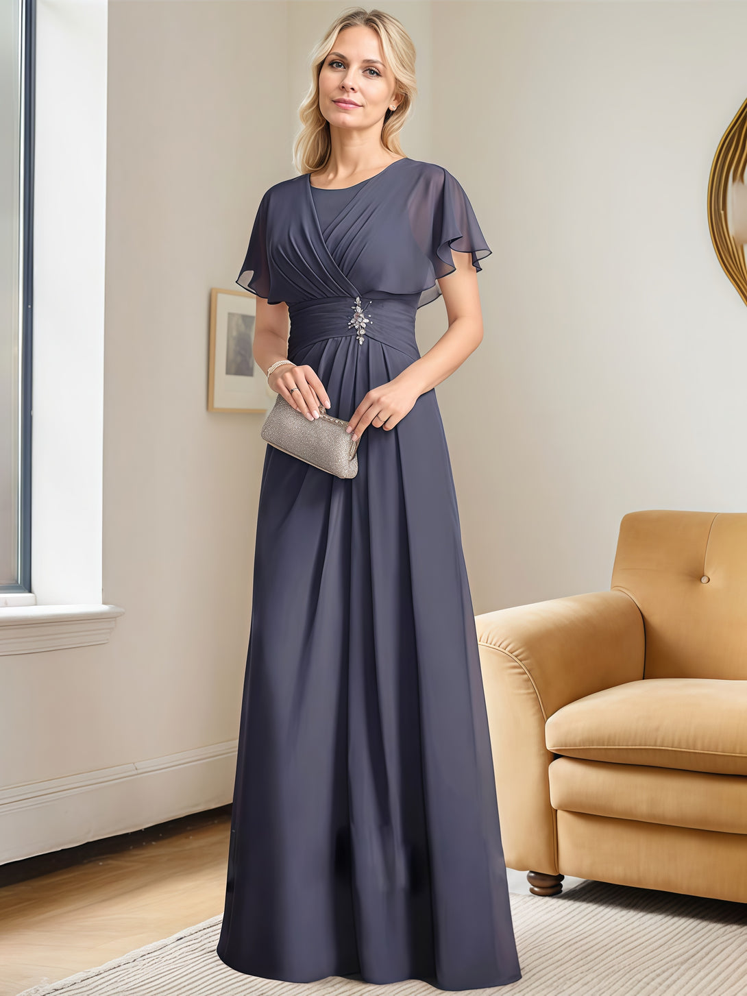 A-Line Round Neck Cape Floor-Length Chiffon Mother of the Bride Dress With Beads/Belt/Pleated BabaMila