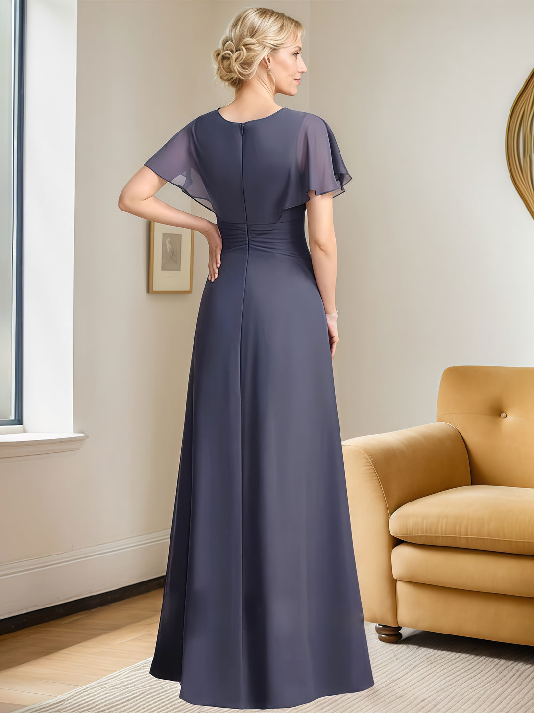A-Line Round Neck Cape Floor-Length Chiffon Mother of the Bride Dress With Beads/Belt/Pleated BabaMila