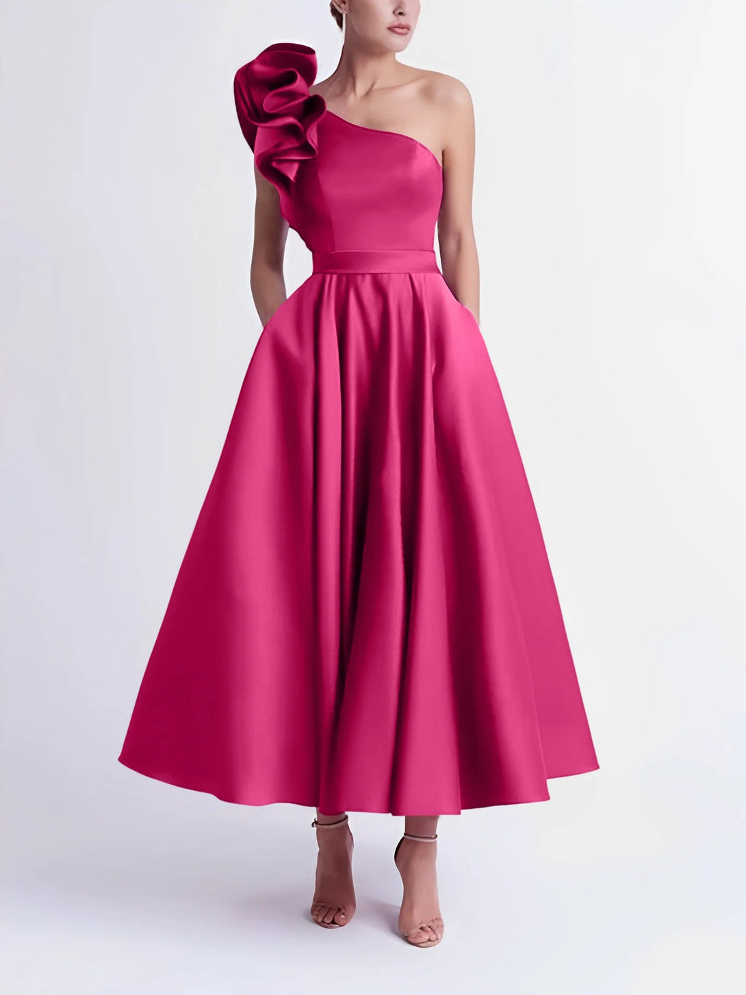 A-Line One-Shoulder Wedding Guest Cocktail Dresses Tea-Length With Ruffles BabaMila