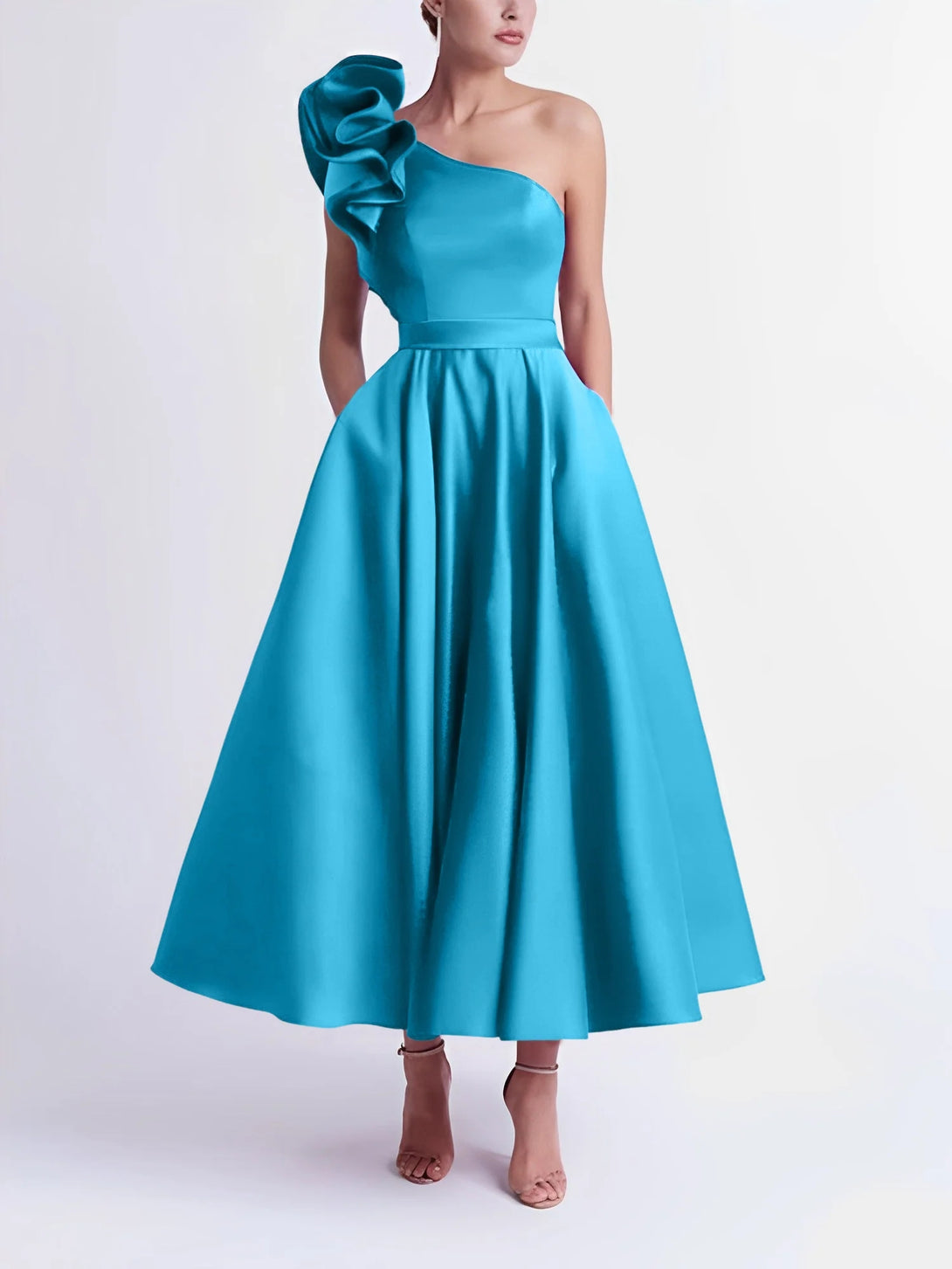 A-Line One-Shoulder Wedding Guest Cocktail Dresses Tea-Length With Ruffles BabaMila