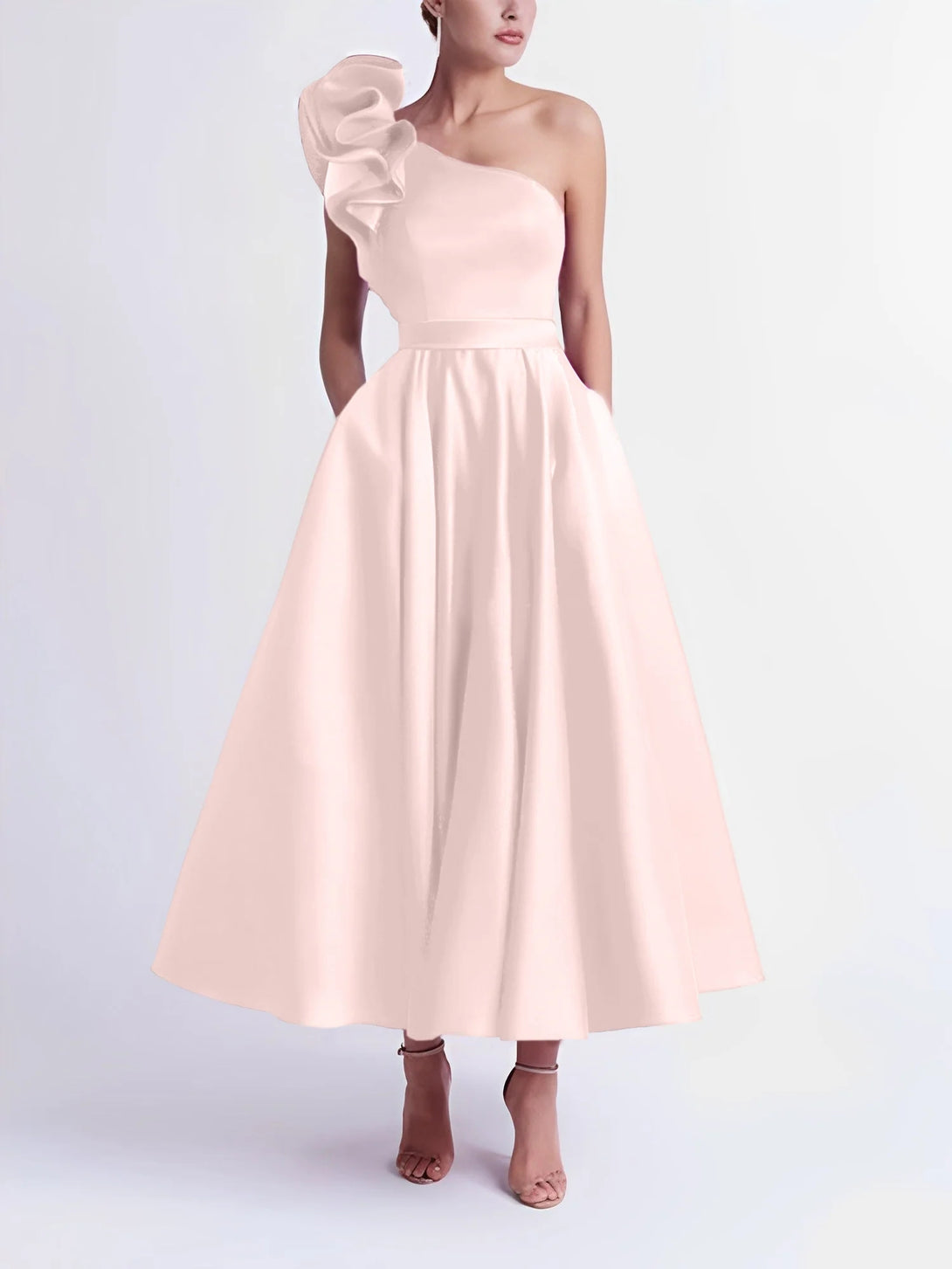 A-Line One-Shoulder Wedding Guest Cocktail Dresses Tea-Length With Ruffles BabaMila