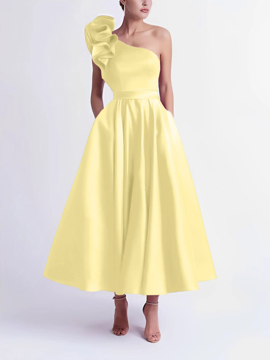 A-Line One-Shoulder Wedding Guest Cocktail Dresses Tea-Length With Ruffles BabaMila