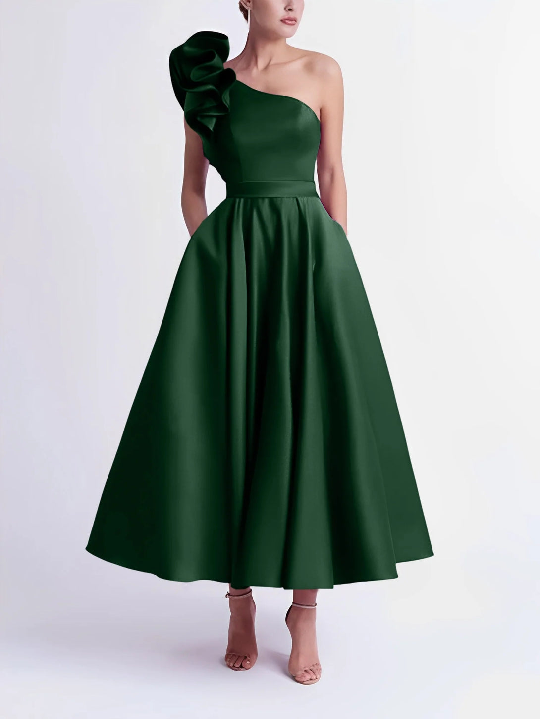 A-Line One-Shoulder Wedding Guest Cocktail Dresses Tea-Length With Ruffles BabaMila