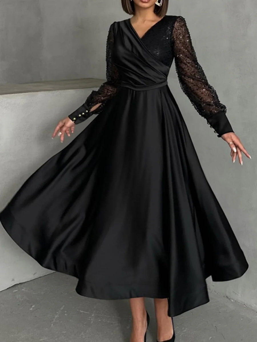 A-Line/Princess V-Neck Satin Mother Of The Bride Dresses Long Sleeves Tea-Length Sequins BabaMila
