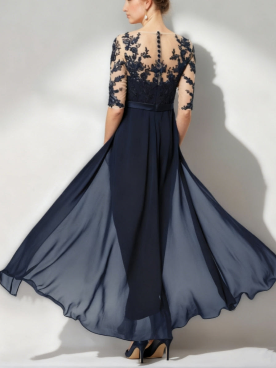 Scoop Chiffon Mother Of The Bride Jumpsuit Lace Ankle-Length Half Sleeves Wedding Guest Dress BabaMila