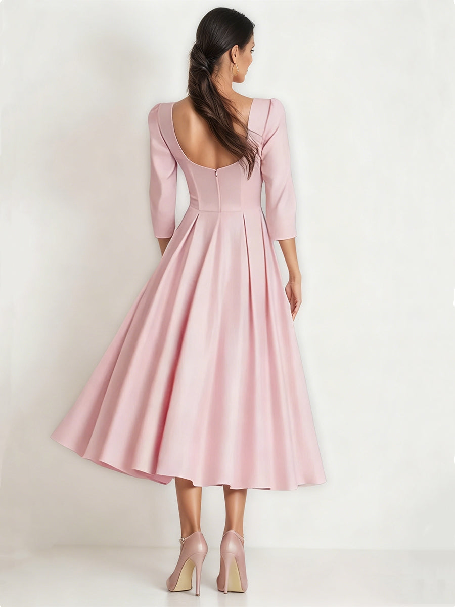 A-Line/Princess Square Collar Satin Mother Of The Bride Dresses 3/4 Sleeves Ankle-Length Pleated BabaMila