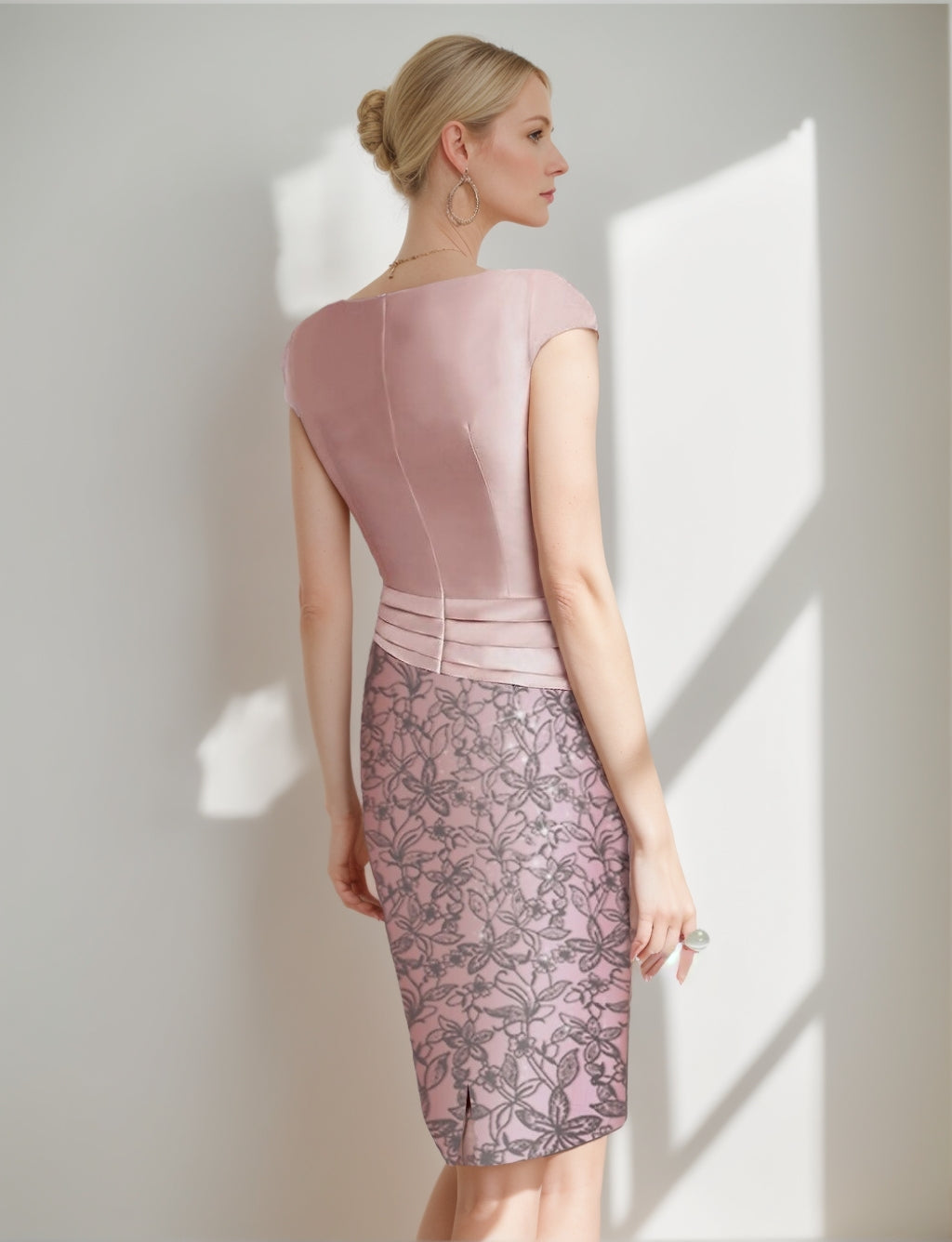 Sheath/Column 2 Pieces Scoop Satin Mother Of The Bride Dresses With Jacket Lace 3/4 Sleeves Knee-Length BabaMila