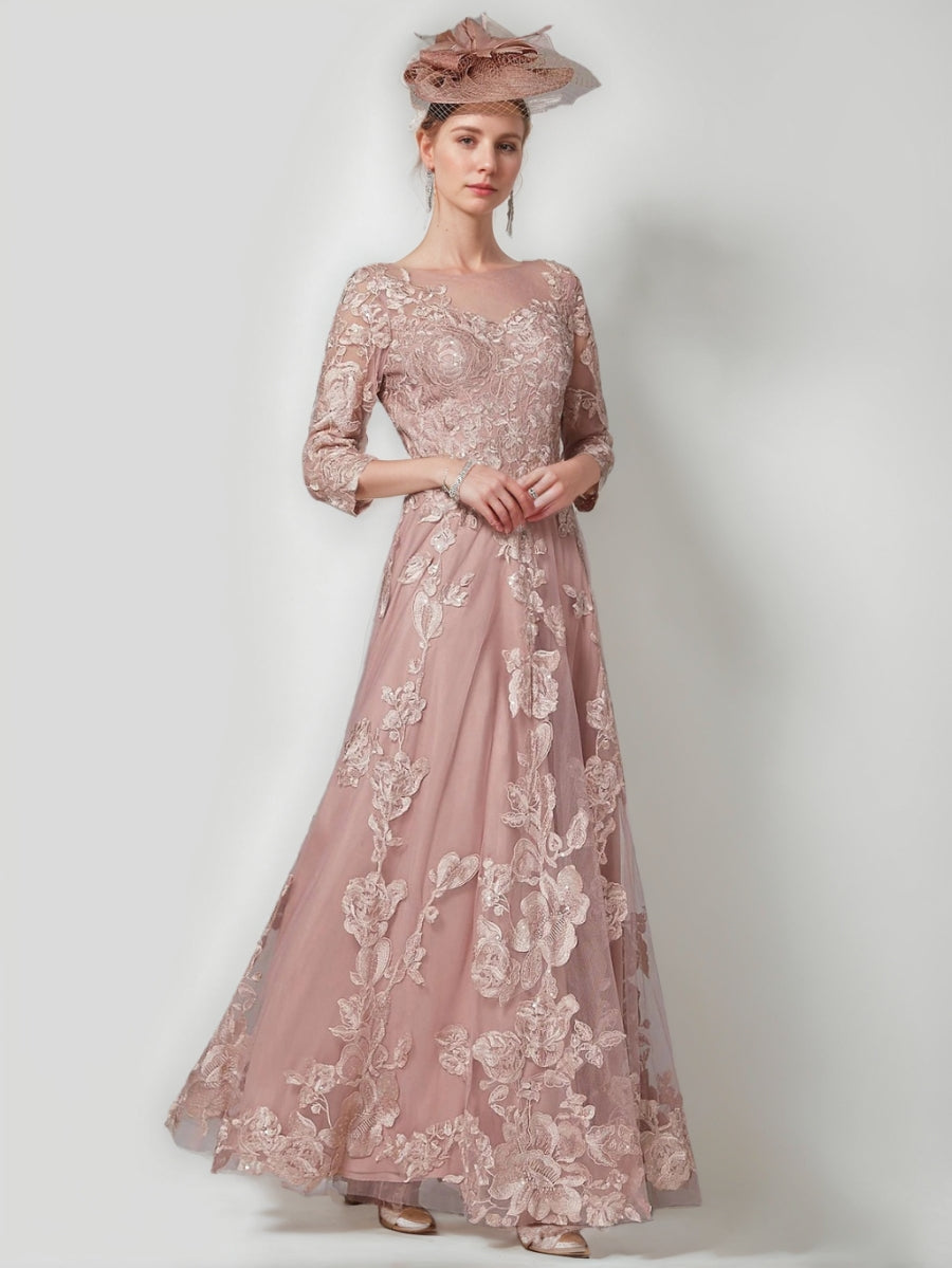 A-Line/Princess Scoop 3/4 Sleeves Lace Mother Of The Bride Dresses Floor-Length Evening Dress Formal Dress BabaMila