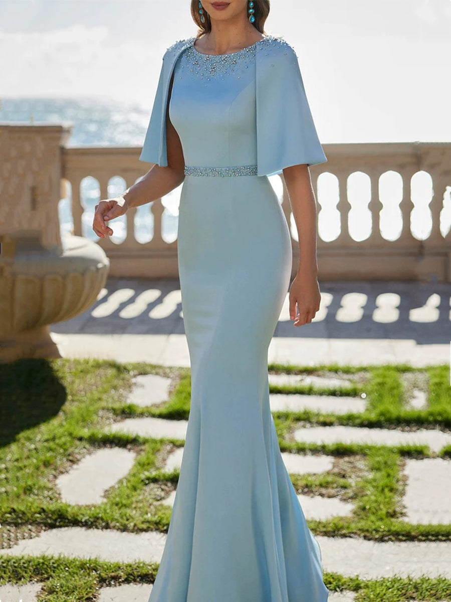 Trumpet/Mermaid Scoop Satin Mother Of The Bride Dresses Beading Cape Sleeves Floor-Length BabaMila