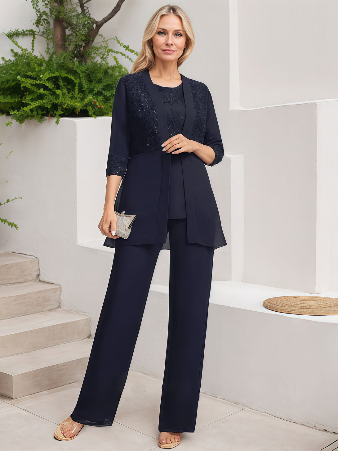 Pantsuits Round Neck 3/4 Sleeve Ankel-Length Lace/Chiffon Mother of the Bride Dress With Sequins/Appliques/Jacket BabaMila