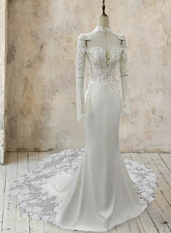 Trumpet/Mermaid White Strapless Long Sleeves Wedding Dresses with Lace Appliques BabaMila