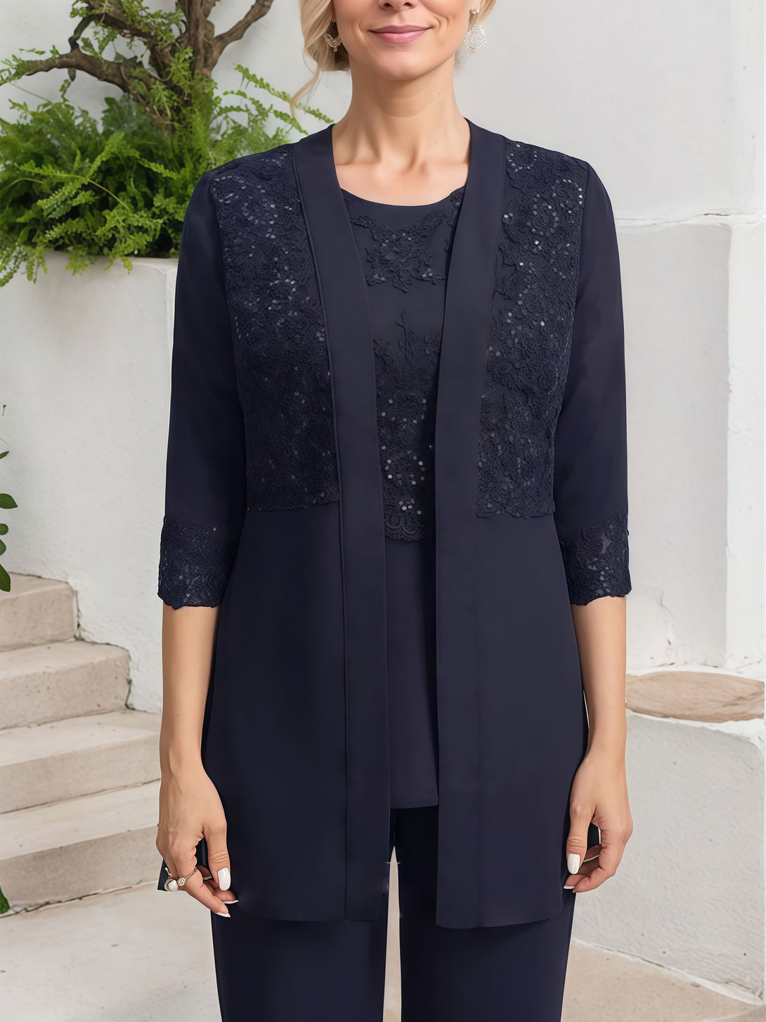 Pantsuits Round Neck 3/4 Sleeve Ankel-Length Lace/Chiffon Mother of the Bride Dress With Sequins/Appliques/Jacket BabaMila