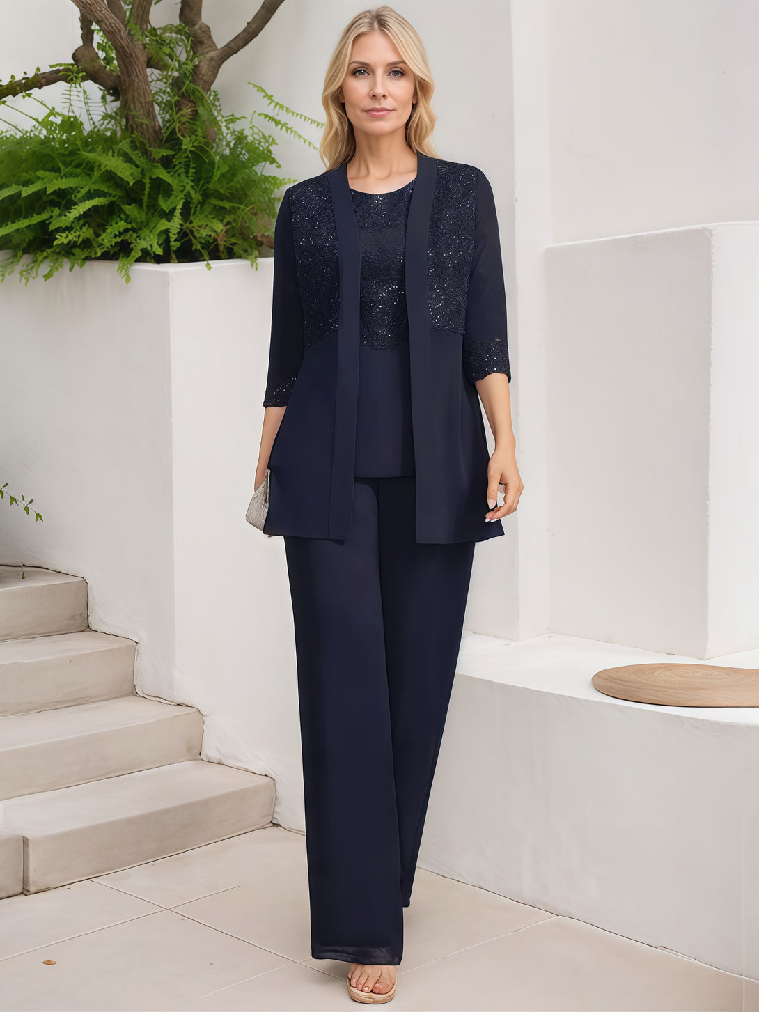 Pantsuits Round Neck 3/4 Sleeve Ankel-Length Lace/Chiffon Mother of the Bride Dress With Sequins/Appliques/Jacket BabaMila
