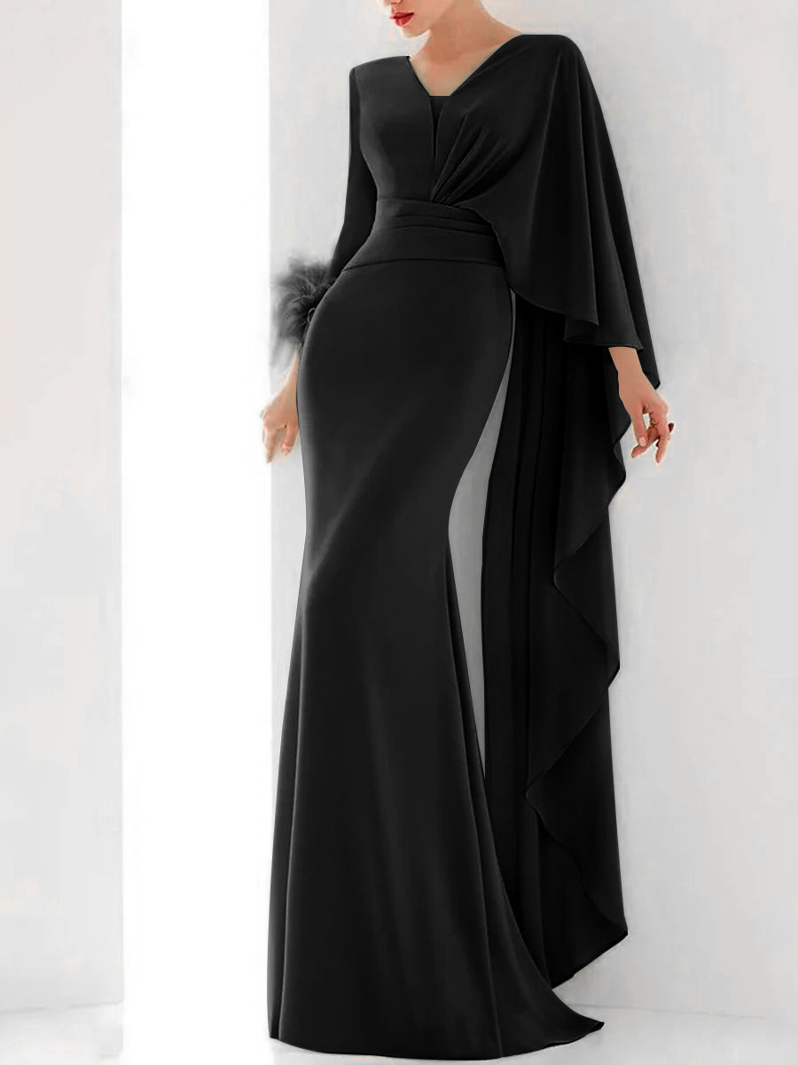 Trumpet/Mermaid V-Neck Long Sleeves Floor-Length Evening Dresses with Feather/Ruffles/Ruched BabaMila