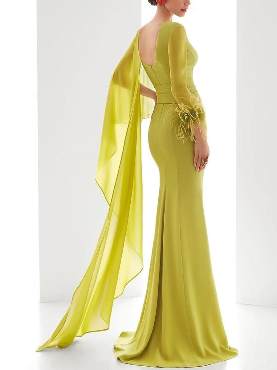 Trumpet/Mermaid V-Neck Long Sleeves Floor-Length Evening Dresses with Feather/Ruffles/Ruched BabaMila