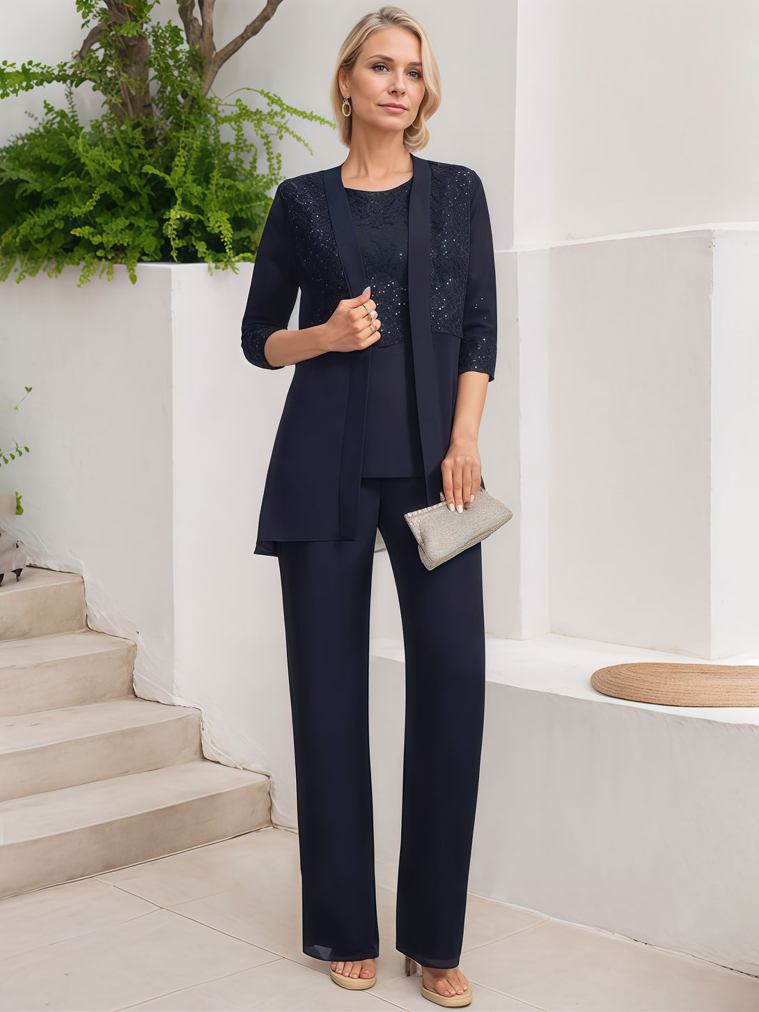 Pantsuits Round Neck 3/4 Sleeve Ankel-Length Lace/Chiffon Mother of the Bride Dress With Sequins/Appliques/Jacket BabaMila