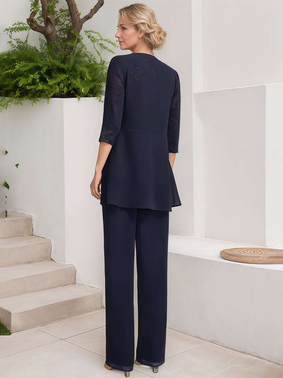 Pantsuits Round Neck 3/4 Sleeve Ankel-Length Lace/Chiffon Mother of the Bride Dress With Sequins/Appliques/Jacket BabaMila