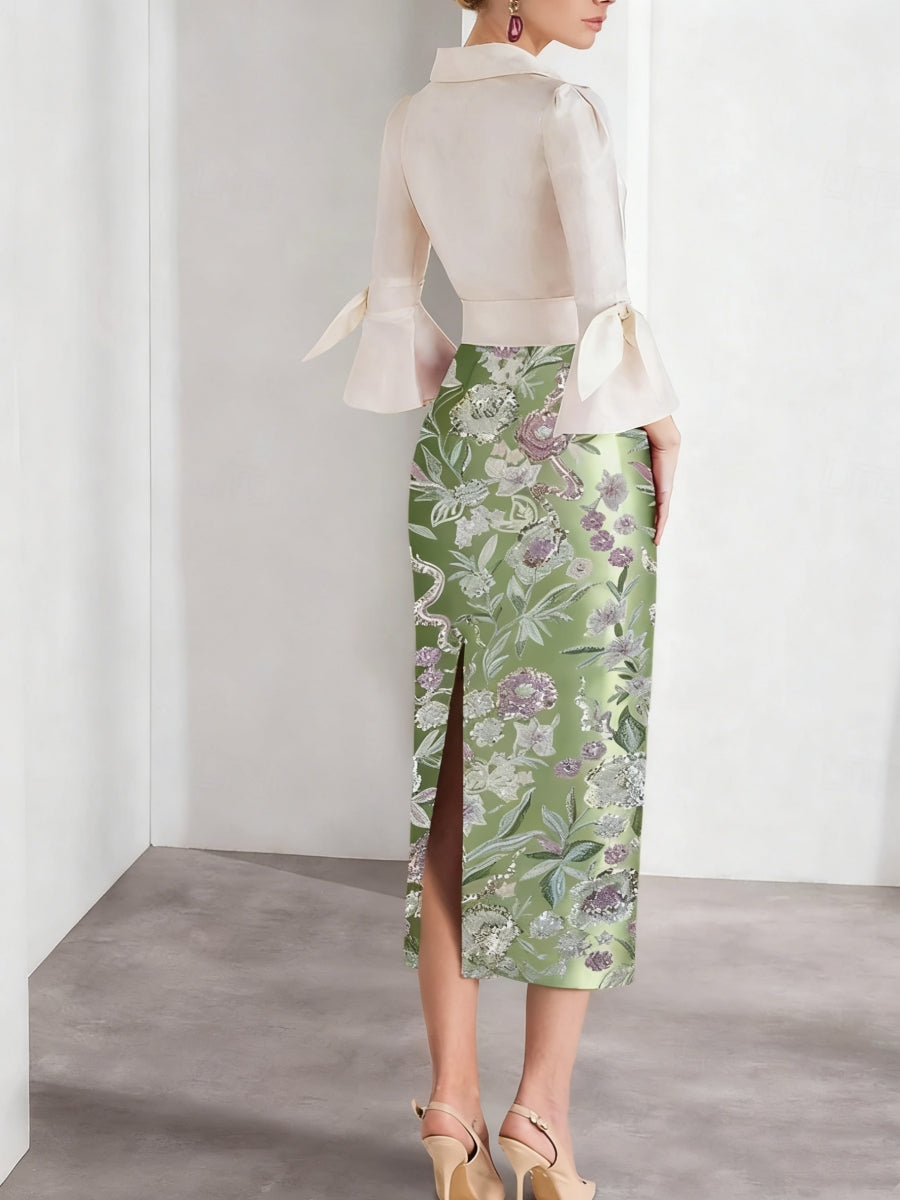 Sheath/Column V-Neck Satin Mother Of The Bride Dresses 3/4 Sleeves Shirt Collar Tea-Length Cocktail Dresses BabaMila