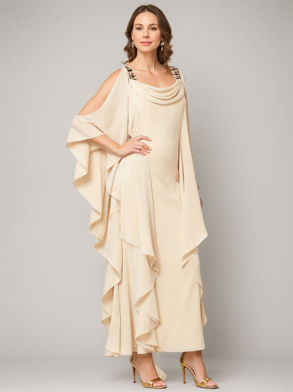 Sheath/Column Cowl Neck Chiffon Mother Of The Bride Dresses Cape Sleeves Ankle-Length Beading Ruffles BabaMila