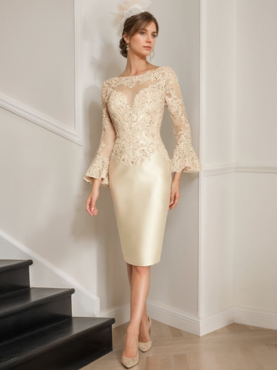 Sheath/Column Satin Scoop Mother Of The Bride Dresses Lace Long Sleeves Knee-Length Cocktail Dresses BabaMila