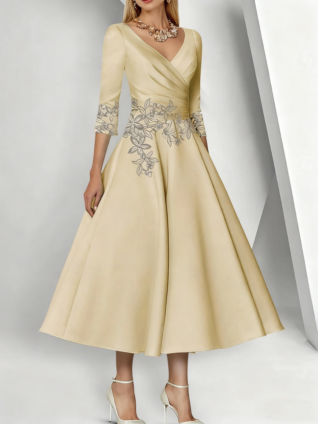 A-Line/Princess V-Neck Satin Mother Of The Bride Dresses 3/4 Sleeves Pleated Lace Tea-Length BabaMila