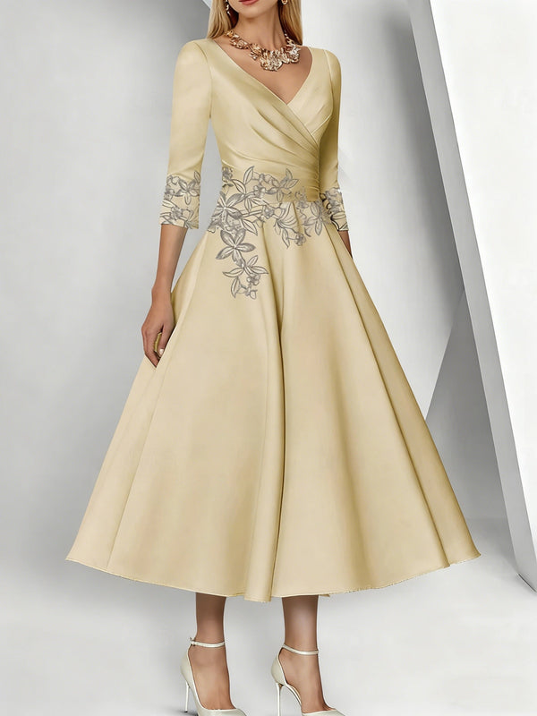 A-Line/Princess V-Neck Satin Mother Of The Bride Dresses 3/4 Sleeves Pleated Lace Tea-Length BabaMila