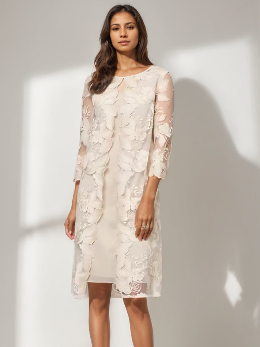 Sheath/Column 2 Pieces Scoop Mother Of The Bride Dresses Chiffon Knee-Length Lace 3/4 Sleeves Cocktail Dress BabaMila