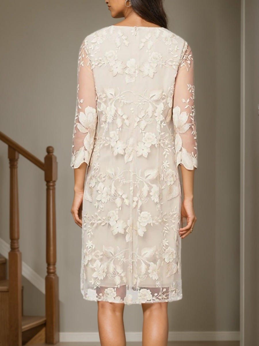 Sheath/Column 2 Pieces Scoop Mother Of The Bride Dresses Chiffon Knee-Length Lace 3/4 Sleeves Cocktail Dress BabaMila