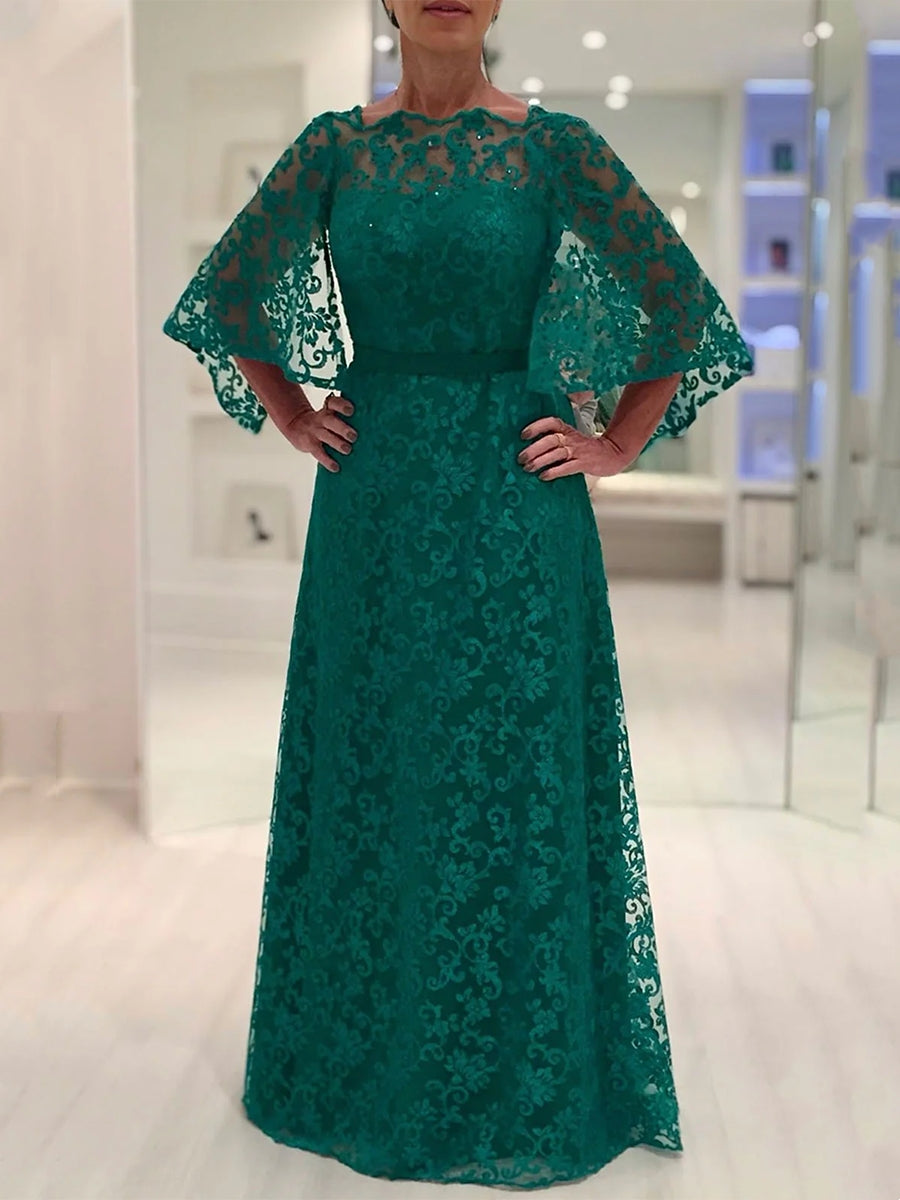 A-Line/Princess Lace Bateau Mother Of The Bride Dresses Long Sleeves Floor-Length Backless BabaMila