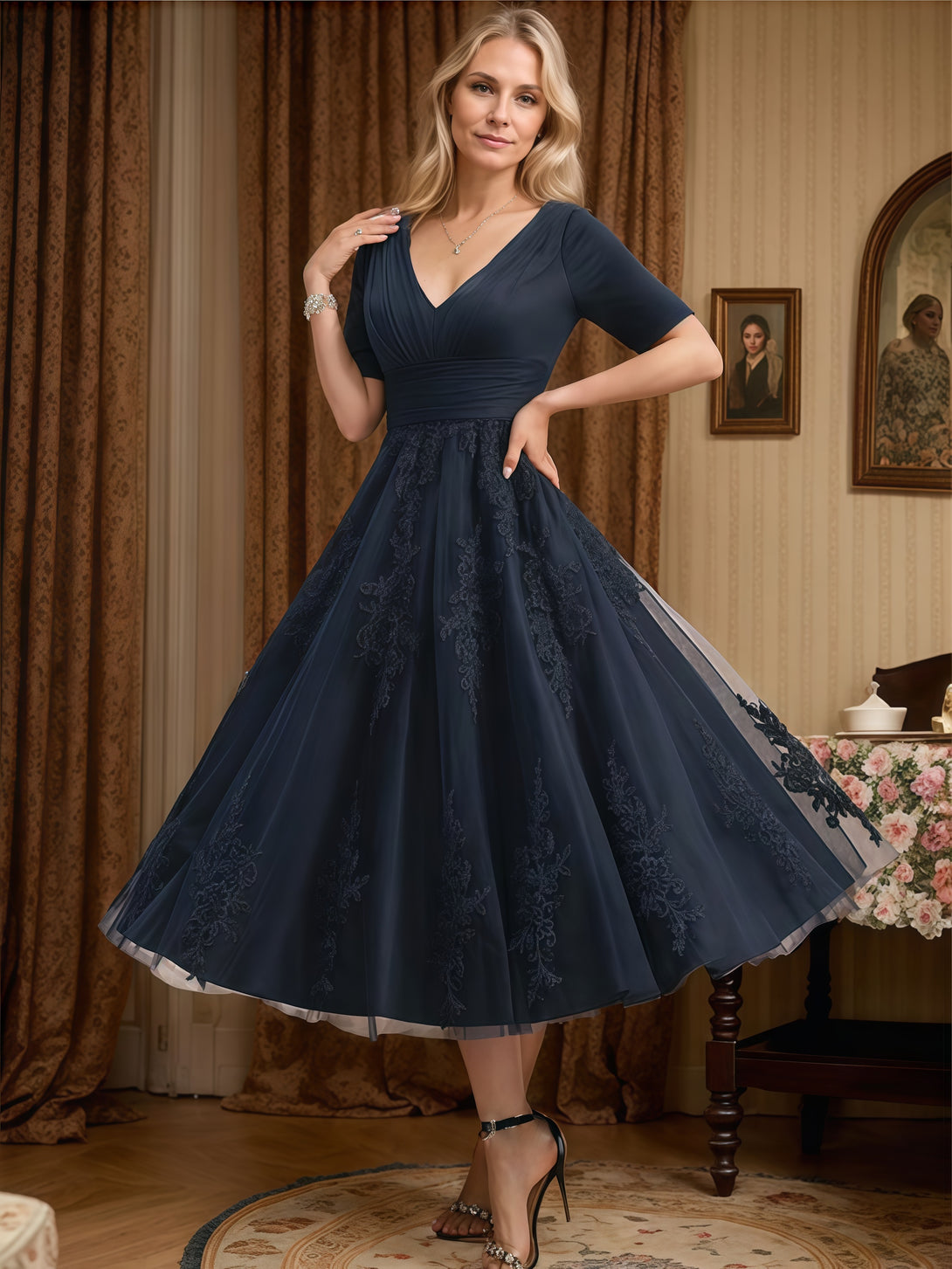 V-Neck Half Sleeve Tea-Length Tulle/Lace/Chiffon Mother of the Bride Dress With Pleated/Appliques BabaMila